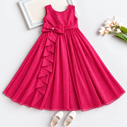 The Magic Wand Woven Sleeveless Bow Embellished Flared Party Gown - Fuchsia