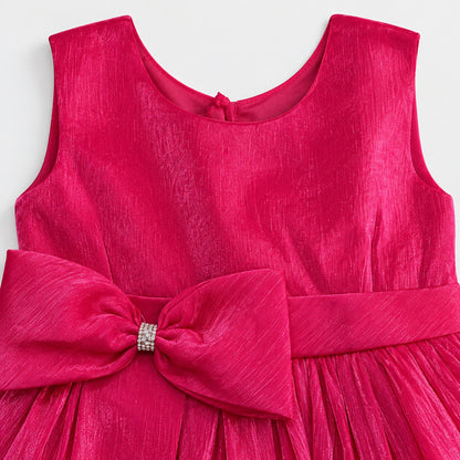 The Magic Wand Woven Sleeveless Bow Embellished Flared Party Gown - Fuchsia