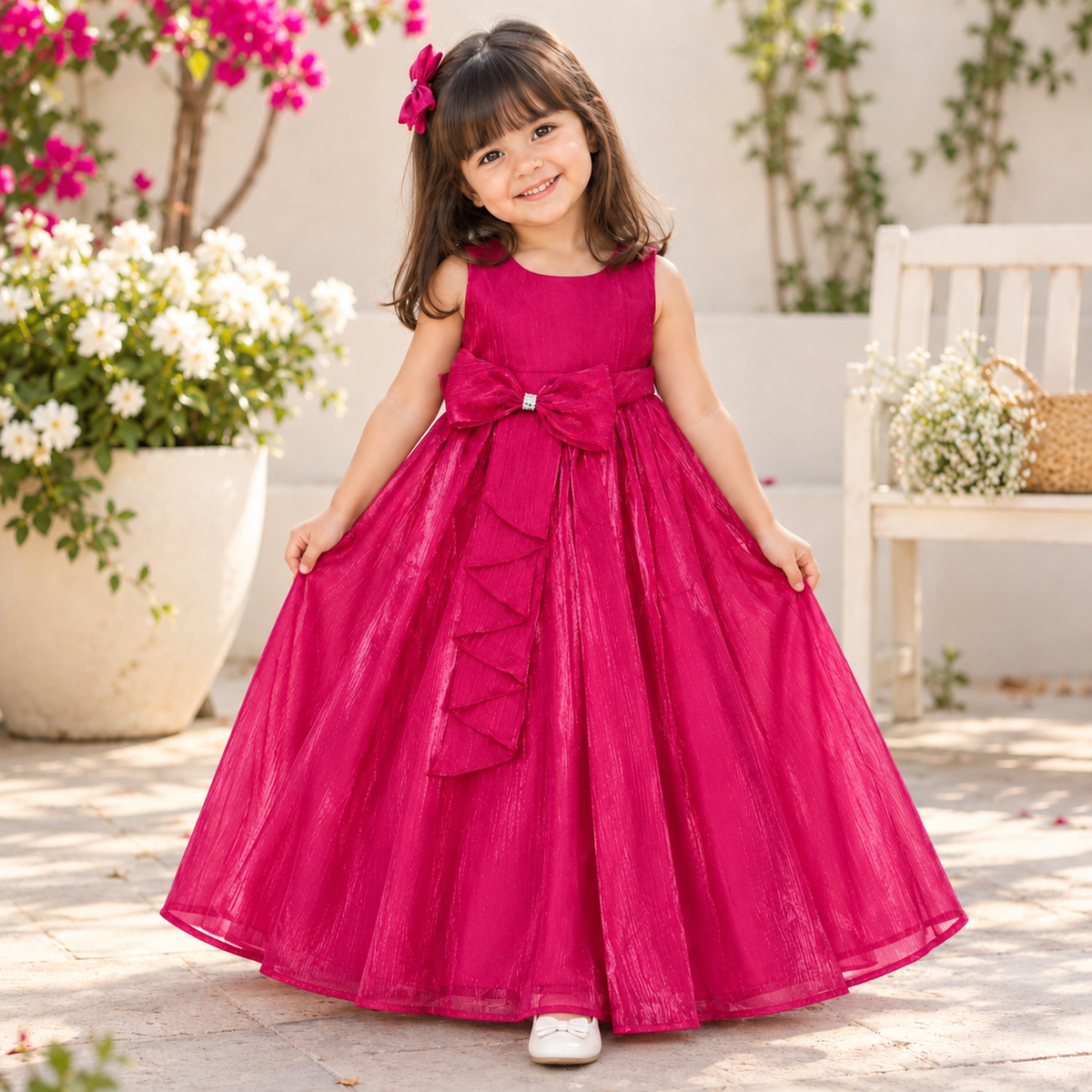The Magic Wand Woven Sleeveless Bow Embellished Flared Party Gown - Fuchsia