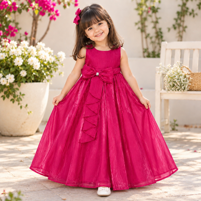 The Magic Wand Woven Sleeveless Bow Embellished Flared Party Gown - Fuchsia