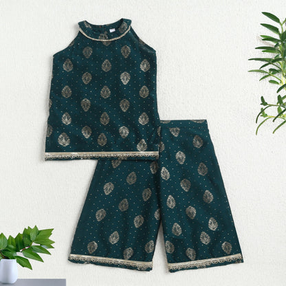 The Magic Wand Woven Sleveeless Incut Foil Butta Printed And Laced Kurti And Palazzo Set -  Teal Green