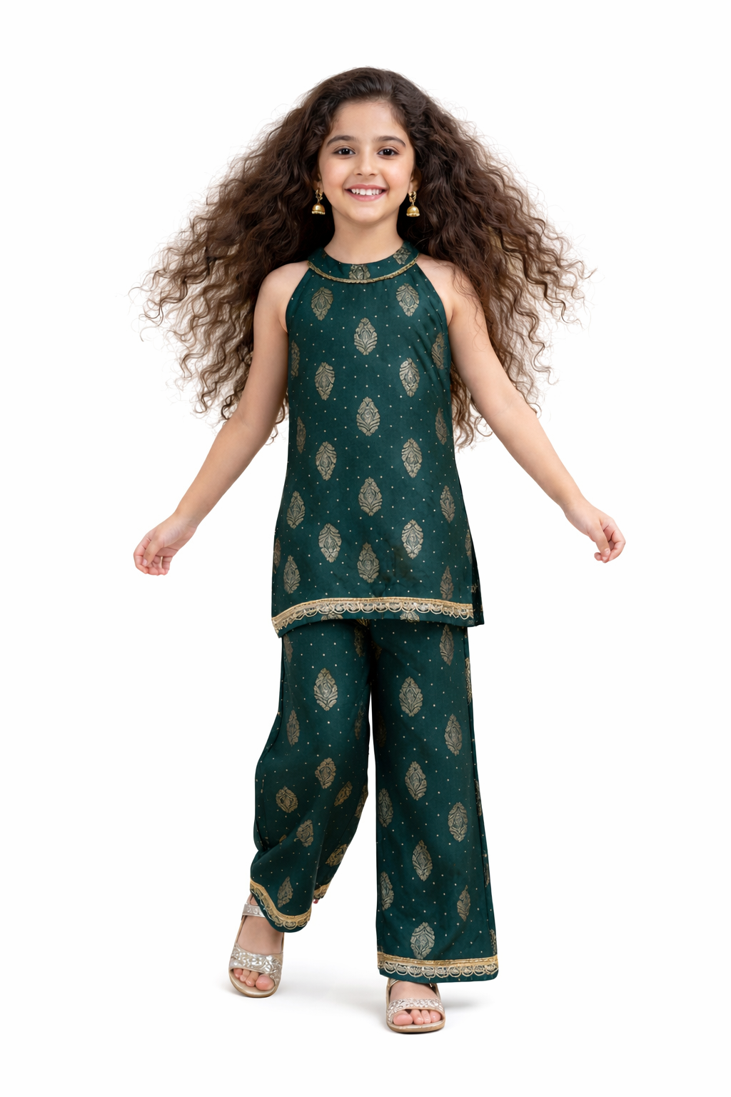 The Magic Wand Woven Sleveeless Incut Foil Butta Printed And Laced Kurti And Palazzo Set -  Teal Green