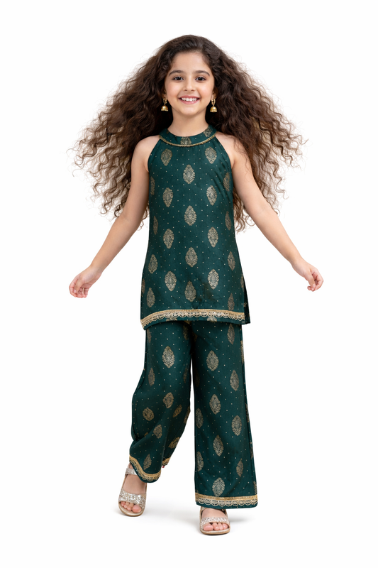 The Magic Wand Woven Sleveeless Incut Foil Butta Printed And Laced Kurti And Palazzo Set -  Teal Green