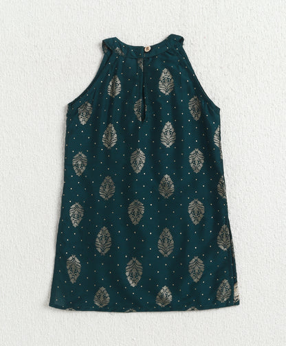The Magic Wand Woven Sleveeless Incut Foil Butta Printed And Laced Kurti And Palazzo Set -  Teal Green