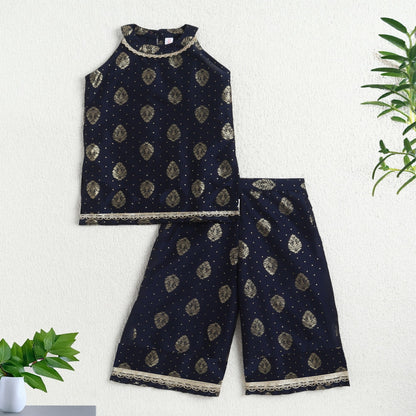 The Magic Wand Woven Sleveeless Incut Foil Butta Printed And Laced Kurti And Palazzo Set -  Navy Blue