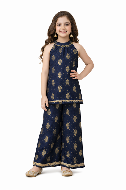The Magic Wand Woven Sleveeless Incut Foil Butta Printed And Laced Kurti And Palazzo Set -  Navy Blue