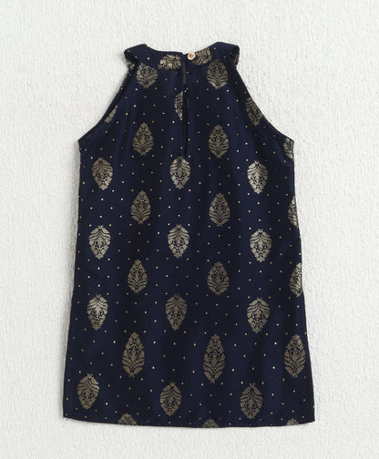 The Magic Wand Woven Sleveeless Incut Foil Butta Printed And Laced Kurti And Palazzo Set -  Navy Blue