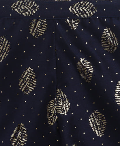 The Magic Wand Woven Sleveeless Incut Foil Butta Printed And Laced Kurti And Palazzo Set -  Navy Blue