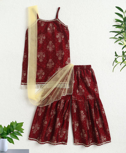 The Magic WandWoven Strappy Foil Butta Printed And Laced Kurti And Sharara Set With Dupatta - Maroon