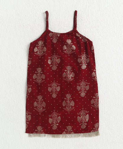 The Magic WandWoven Strappy Foil Butta Printed And Laced Kurti And Sharara Set With Dupatta - Maroon