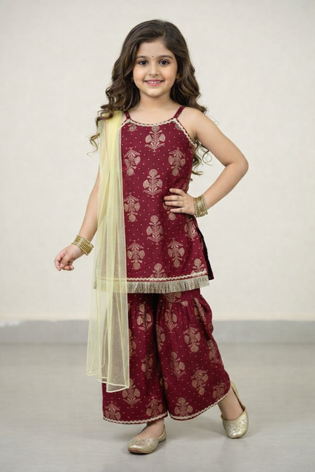 The Magic WandWoven Strappy Foil Butta Printed And Laced Kurti And Sharara Set With Dupatta - Maroon