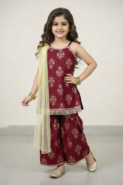 The Magic WandWoven Strappy Foil Butta Printed And Laced Kurti And Sharara Set With Dupatta - Maroon