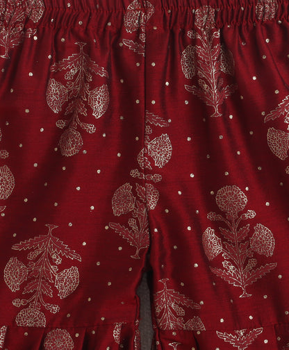 The Magic WandWoven Strappy Foil Butta Printed And Laced Kurti And Sharara Set With Dupatta - Maroon