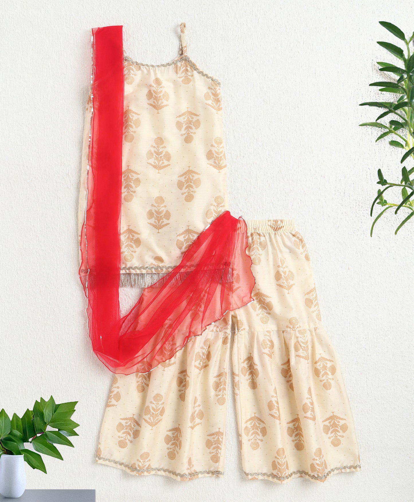 The Magic Wand Woven Strappy Foil Butta Printed And Laced Kurti And Sharara Set With Dupatta - Off White