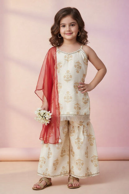 The Magic Wand Woven Strappy Foil Butta Printed And Laced Kurti And Sharara Set With Dupatta - Off White