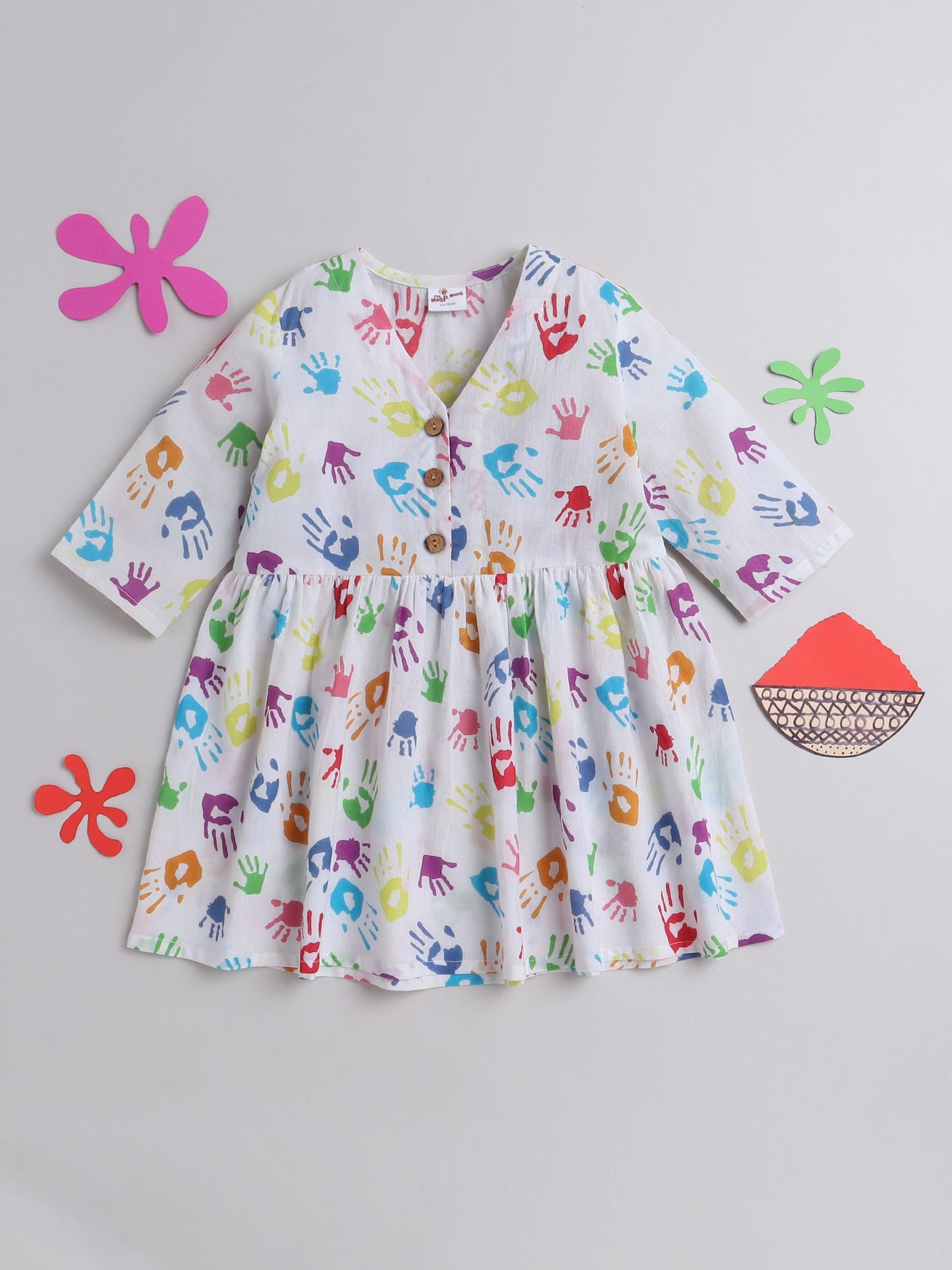 The Magic Wand 3/4th Sleeves Hand Print Holi Edition Top - Multi Colour