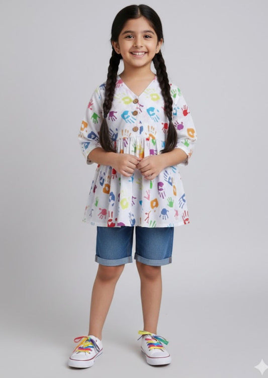 The Magic Wand 3/4th Sleeves Hand Print Holi Edition Top - Multi Colour