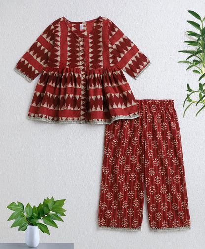 Cotton Woven Three Fourth Sleeves AII Over Printed Top and Balloon Pant Set- Maroon
