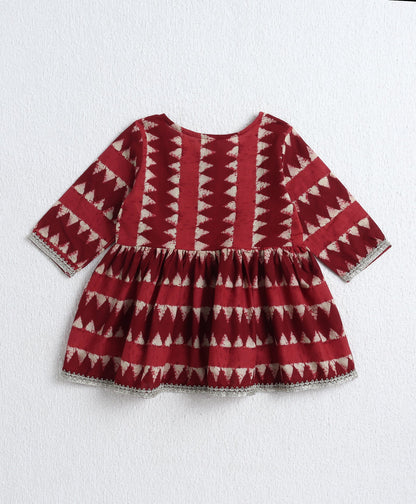 Cotton Woven Three Fourth Sleeves AII Over Printed Top and Balloon Pant Set- Maroon