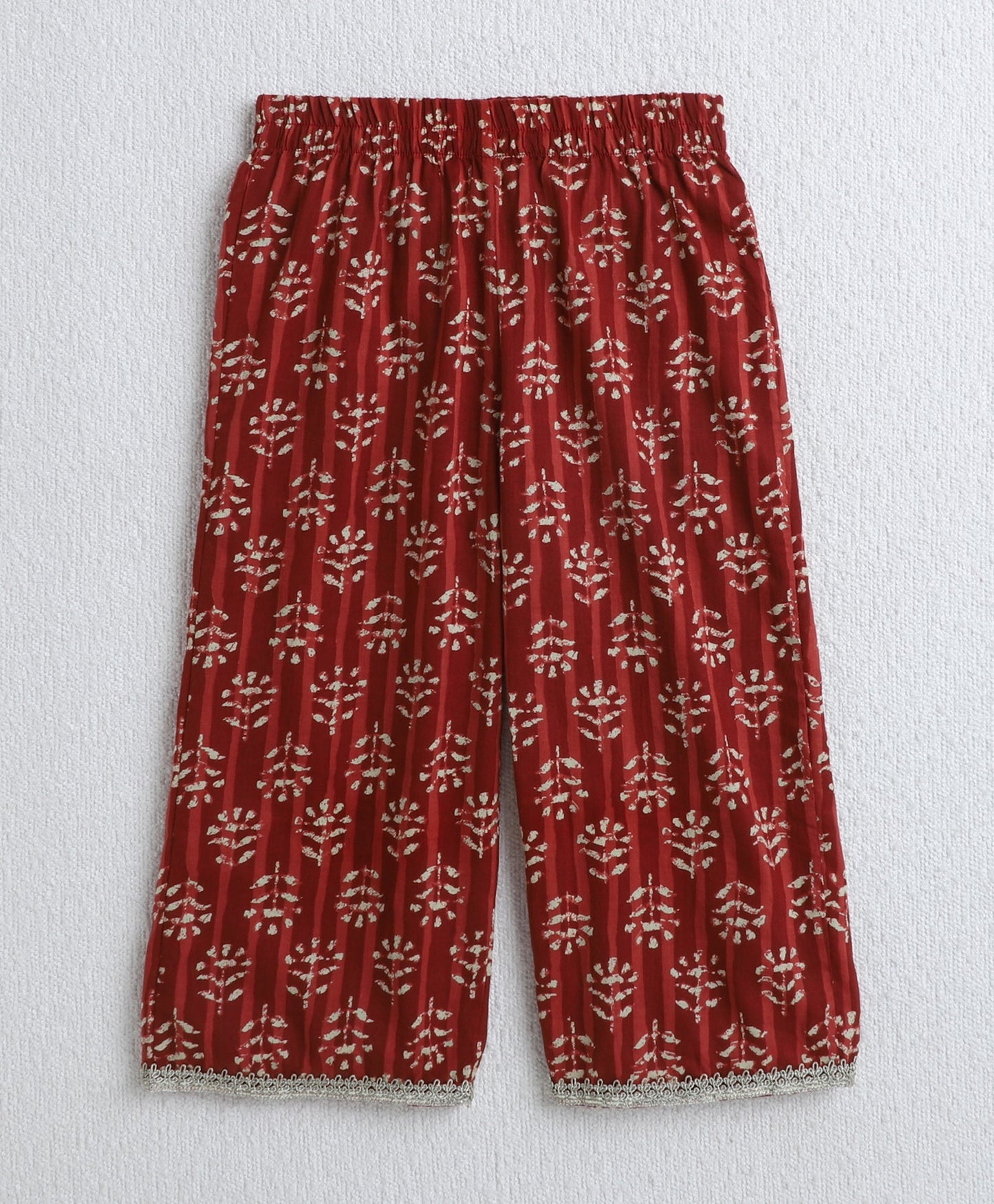 Cotton Woven Three Fourth Sleeves AII Over Printed Top and Balloon Pant Set- Maroon