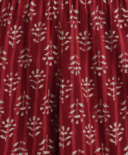 Cotton Woven Three Fourth Sleeves AII Over Printed Top and Balloon Pant Set- Maroon