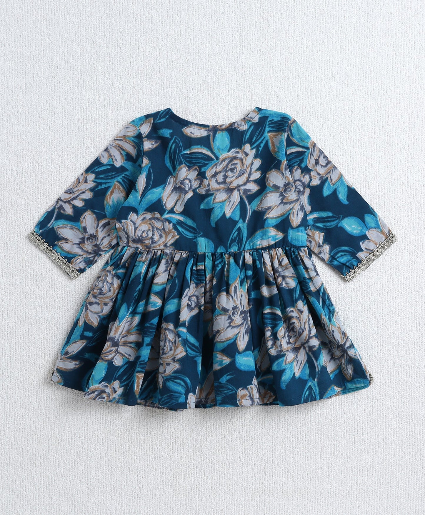 Cotton Woven Three Fourth Sleeves Floral Printed Top and Balloon Pant Set- Blue