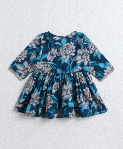Cotton Woven Three Fourth Sleeves Floral Printed Top and Balloon Pant Set- Blue