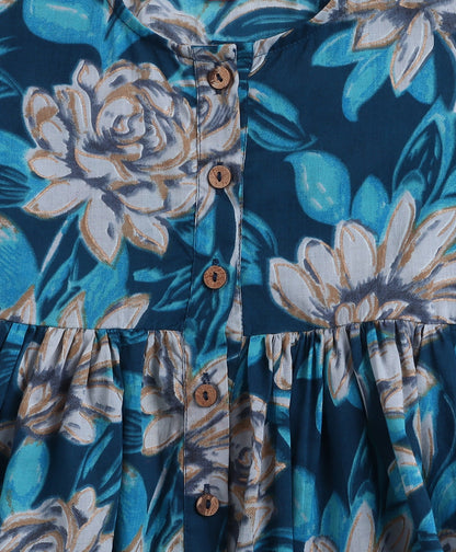 Cotton Woven Three Fourth Sleeves Floral Printed Top and Balloon Pant Set- Blue
