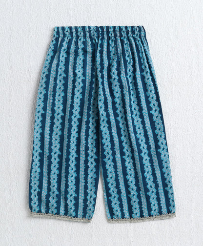 Cotton Woven Three Fourth Sleeves Floral Printed Top and Balloon Pant Set- Blue