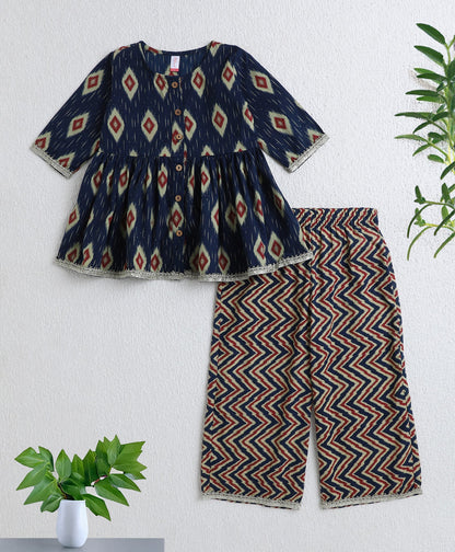 Cotton Woven Three Fourth Sleeves Ikat Printed Top and Balloon Pant Set- Navy Blue