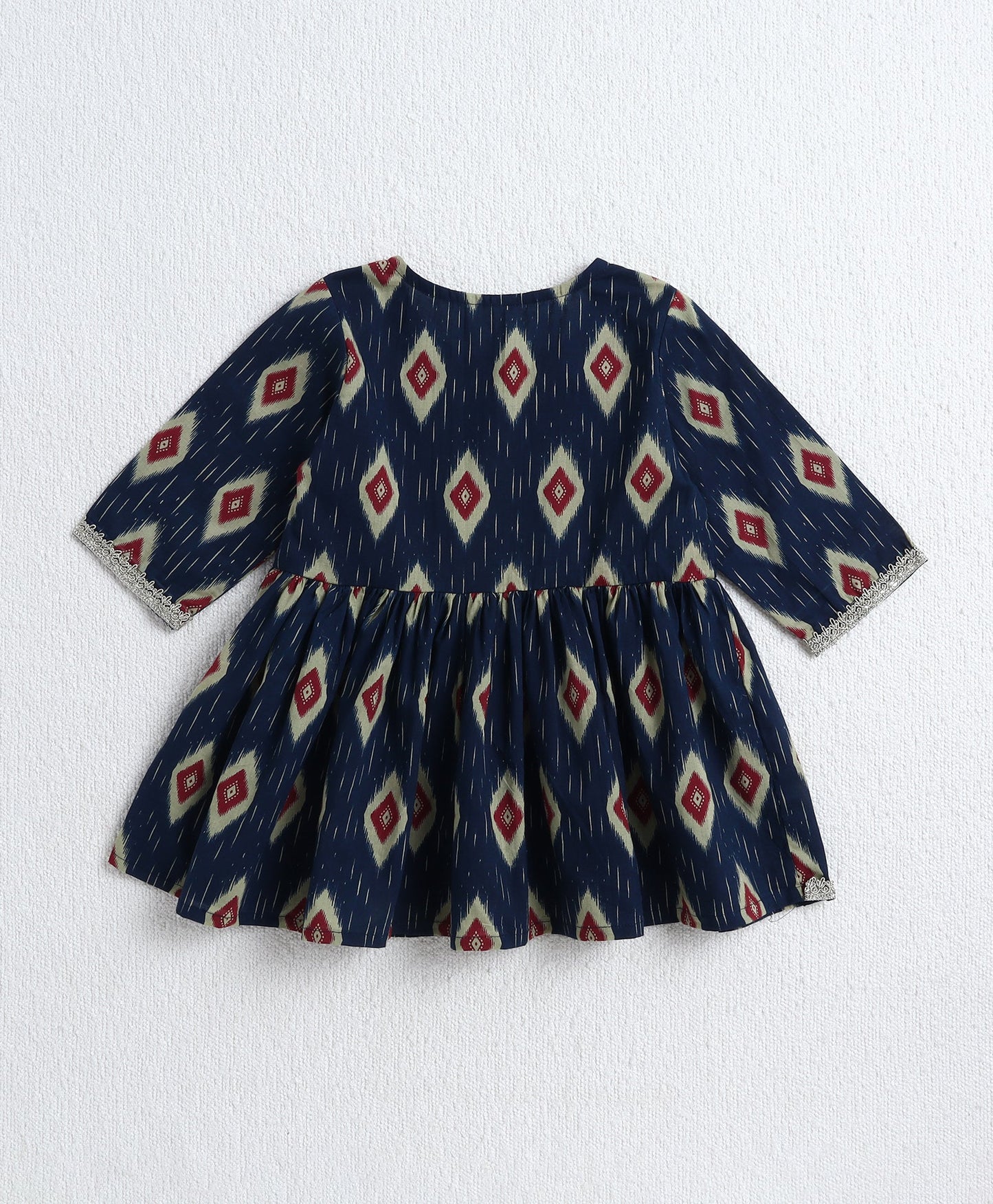 Cotton Woven Three Fourth Sleeves Ikat Printed Top and Balloon Pant Set- Navy Blue