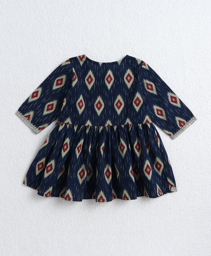 Cotton Woven Three Fourth Sleeves Ikat Printed Top and Balloon Pant Set- Navy Blue