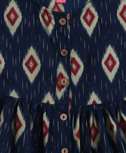Cotton Woven Three Fourth Sleeves Ikat Printed Top and Balloon Pant Set- Navy Blue