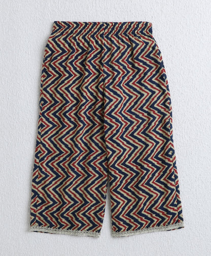 Cotton Woven Three Fourth Sleeves Ikat Printed Top and Balloon Pant Set- Navy Blue