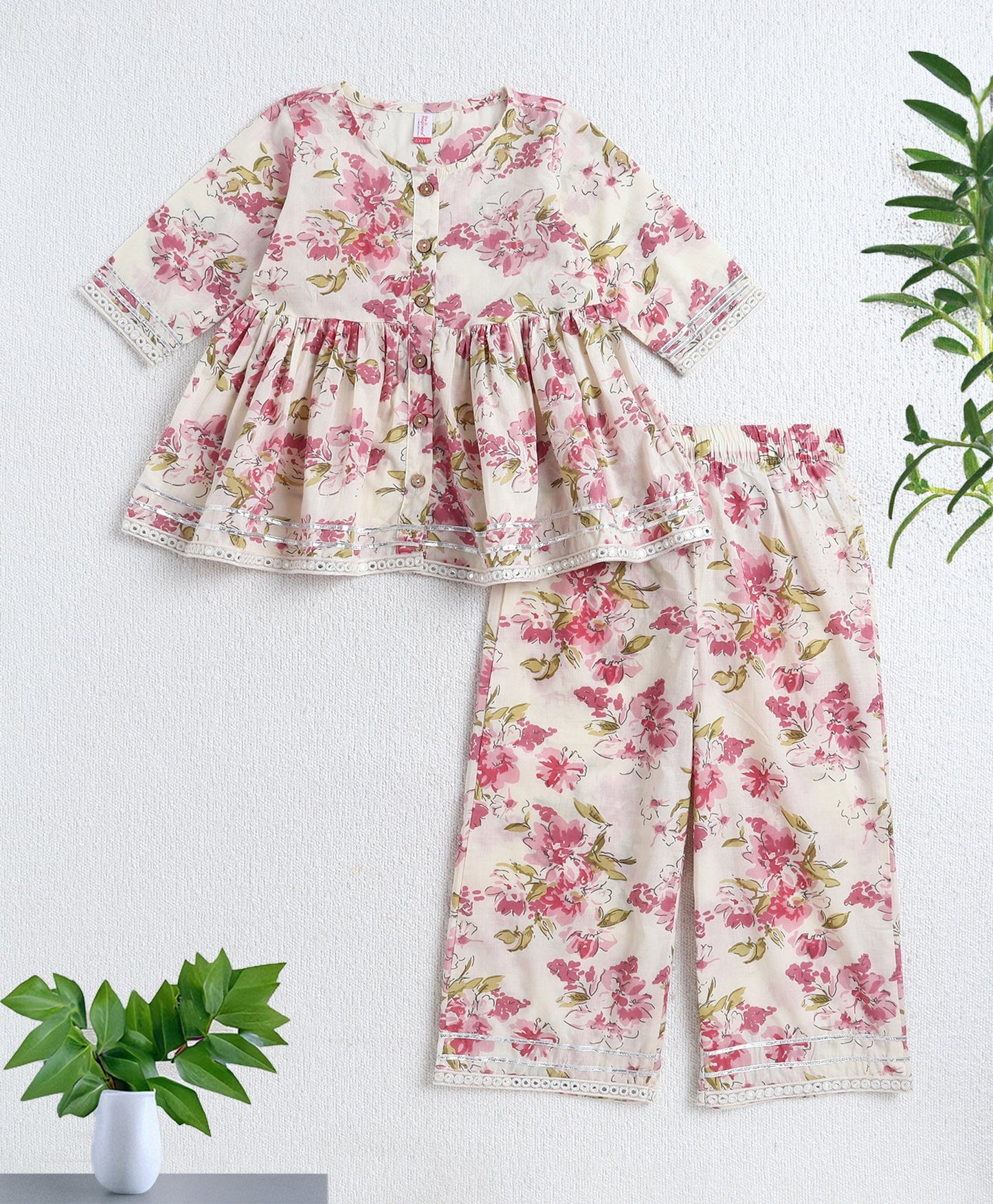 Cotton Woven Three Fourth Sleeves Floral Printed Top and Plazzo Set- Off White