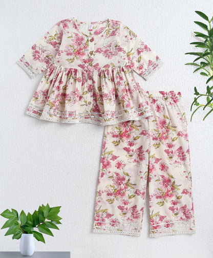 Cotton Woven Three Fourth Sleeves Floral Printed Top and Plazzo Set- Off White