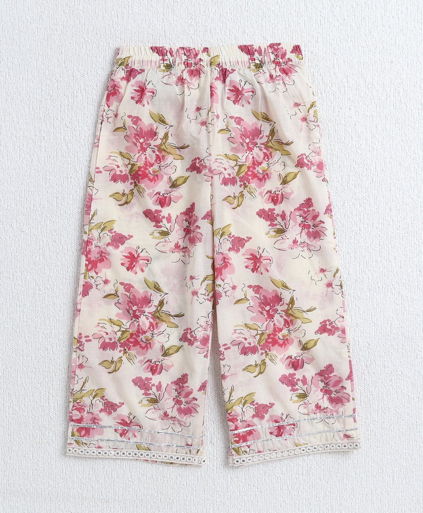 Cotton Woven Three Fourth Sleeves Floral Printed Top and Plazzo Set- Off White