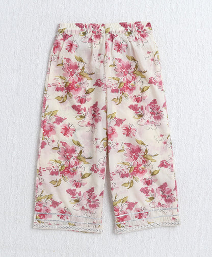 Cotton Woven Three Fourth Sleeves Floral Printed Top and Plazzo Set- Off White