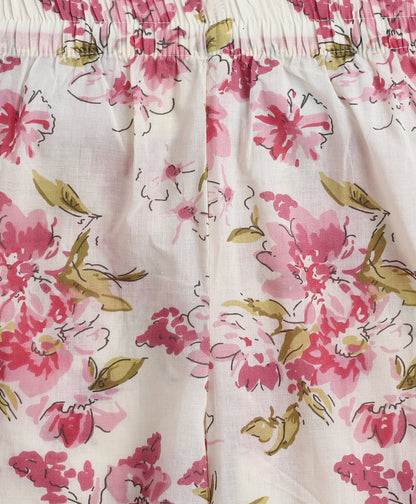 Cotton Woven Three Fourth Sleeves Floral Printed Top and Plazzo Set- Off White