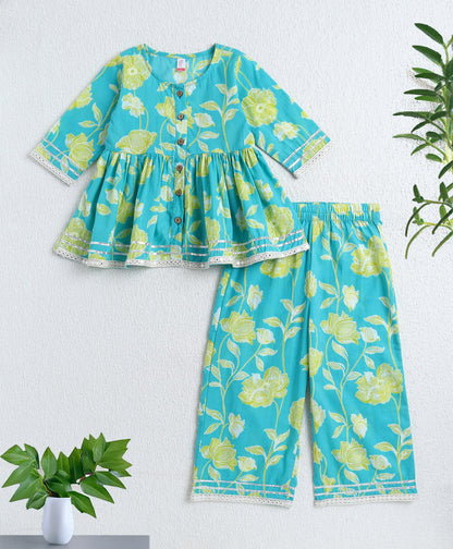 Cotton Woven Three Fourth Sleeves Floral Printed Top and Plazzo Set- Green