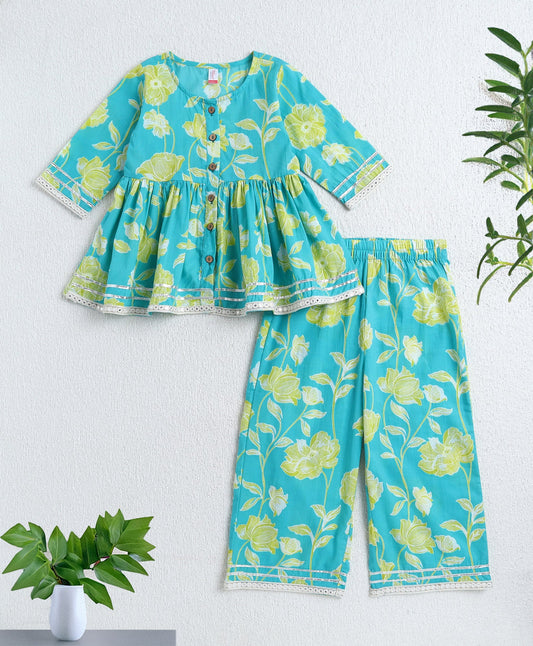 Cotton Woven Three Fourth Sleeves Floral Printed Top and Plazzo Set- Green