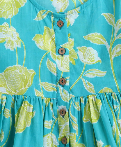 Cotton Woven Three Fourth Sleeves Floral Printed Top and Plazzo Set- Green