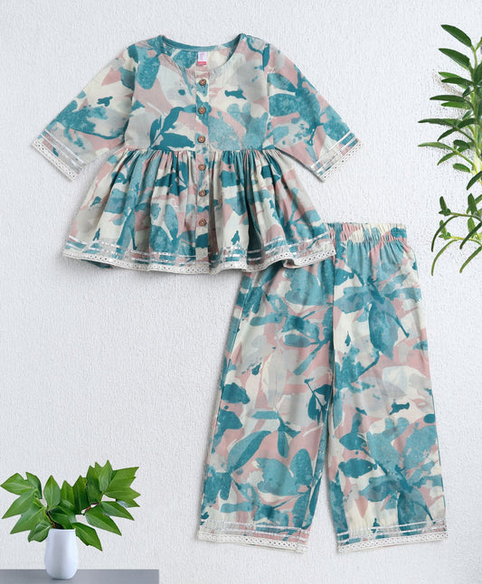 Cotton Woven Three Fourth Sleeves Abstract Printed Top and Plazzo Set- Blue