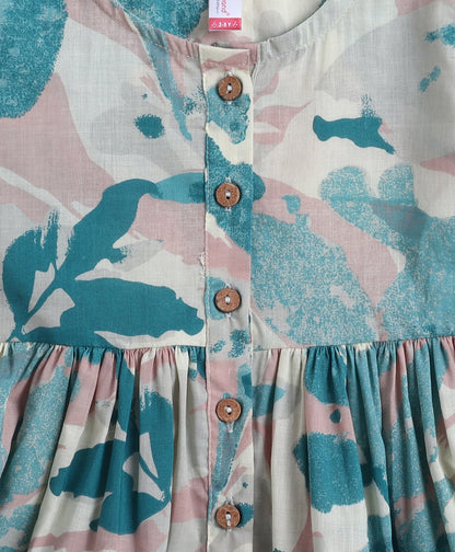 Cotton Woven Three Fourth Sleeves Abstract Printed Top and Plazzo Set- Blue