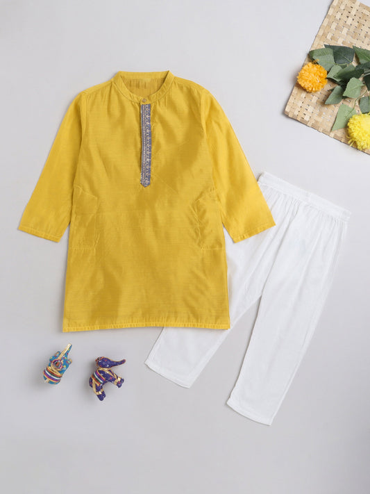 The Magic Wand Mandarin Collar Full Sleeves Lace Embelished Kurta and Pant Set For Boys-Mustard