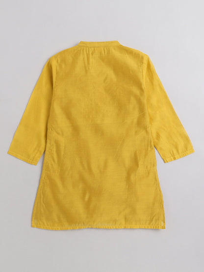 The Magic Wand Mandarin Collar Full Sleeves Lace Embelished Kurta and Pant Set For Boys-Mustard