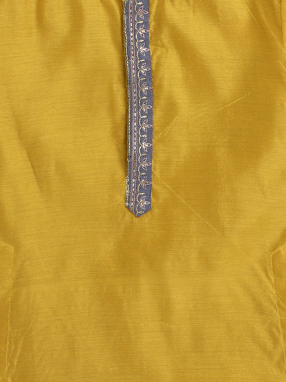 The Magic Wand Mandarin Collar Full Sleeves Lace Embelished Kurta and Pant Set For Boys-Mustard