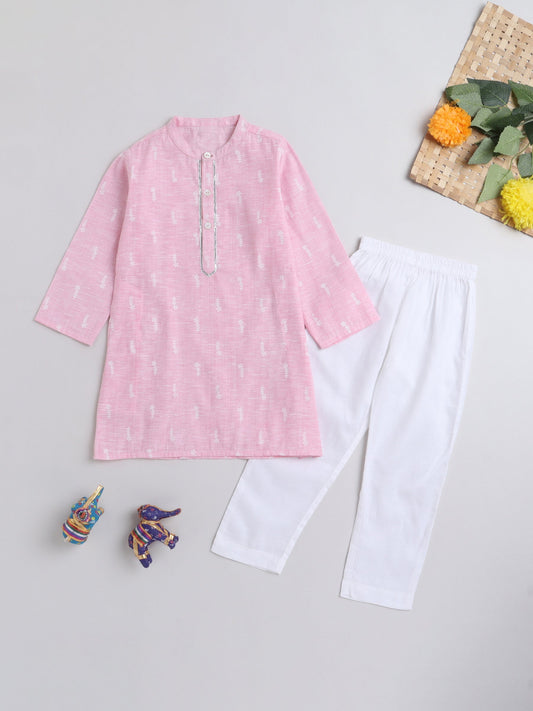 Full Sleeves Flower Stem Printed &  Gota   Lace Embellished Kurta and Pant Set  - Pink