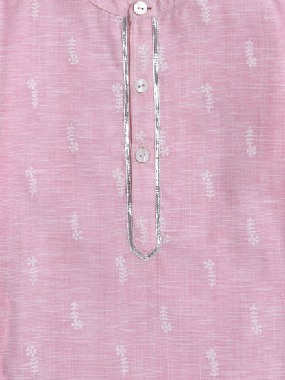 Full Sleeves Flower Stem Printed &  Gota   Lace Embellished Kurta and Pant Set  - Pink