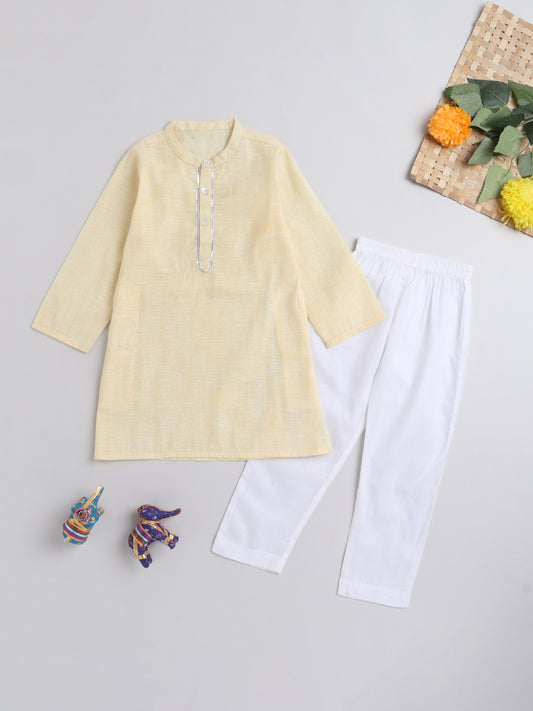 Floral Printed Mandarin Collar Full Sleeves Lace Embelished Kurta and Pant Set For Boys-Yellow